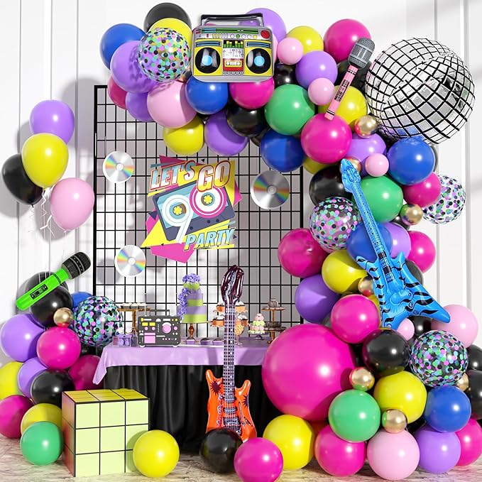 80s 90s Theme Birthday Party Decorations for Adult, Retro Neon Balloon Arch Garland Kit with Disco Ball Boombox Guitar Microphone Foil Balloons for Back to 80s 90s Hip Hop Freaknik Party Supplies