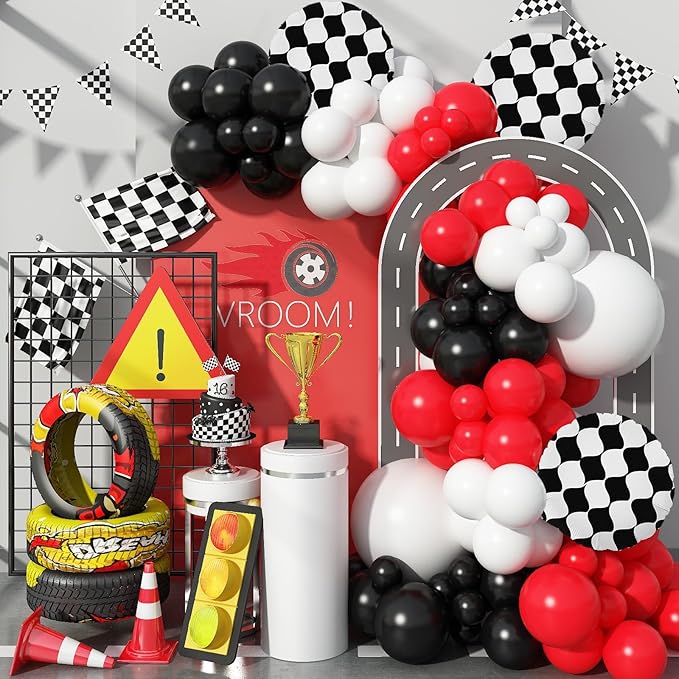 Racing Car Balloons Arch Garland Kit, Red and Black White Checkered Foil Balloons Garland Kit, Wheels Balloon for Boys Birthday Baby Shower Race Car Theme Party Decorations Supplies