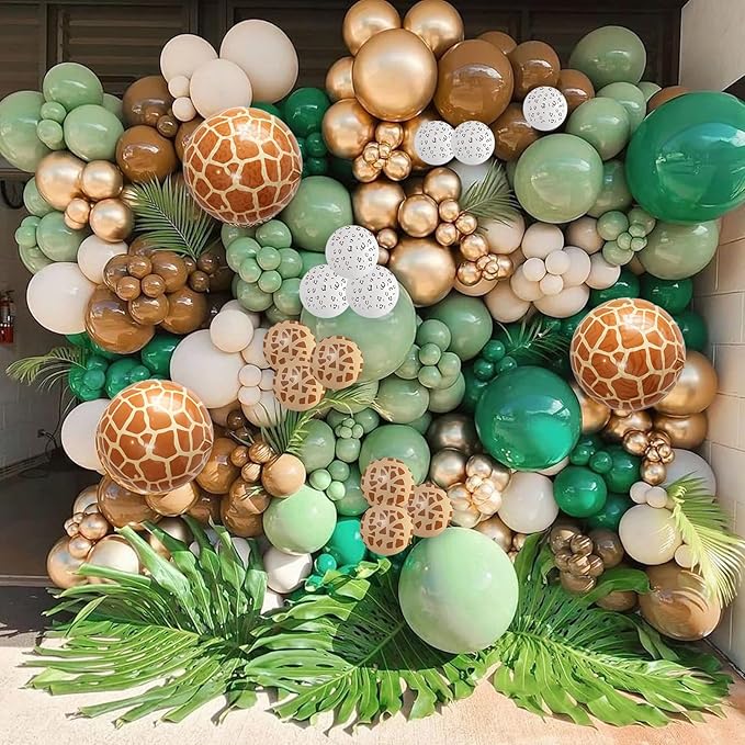 Jungle Safari Balloon Garland Arch Kit, 118pcs Sage Green Brown Balloons Arch Animal Print Latex Balloons with 4D Giraffe Foil Balloons for Tropical Wild Theme Boys Birthday Baby Shower Wedding
