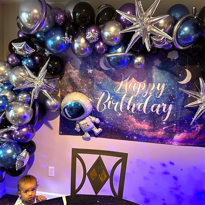 Outer Space Balloon Garland Arch Kit, Galaxy Theme Birthday Party Decorations for Boys, Metallic Chrome Blue Purple Silver Explosion Star Balloon Garland Kit for Kids Baby Shower Party Decor Supplies