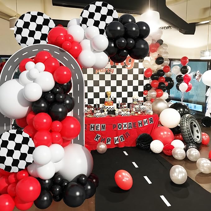Racing Car Balloons Arch Garland Kit, Red and Black White Checkered Foil Balloons Garland Kit, Wheels Balloon for Boys Birthday Baby Shower Race Car Theme Party Decorations Supplies