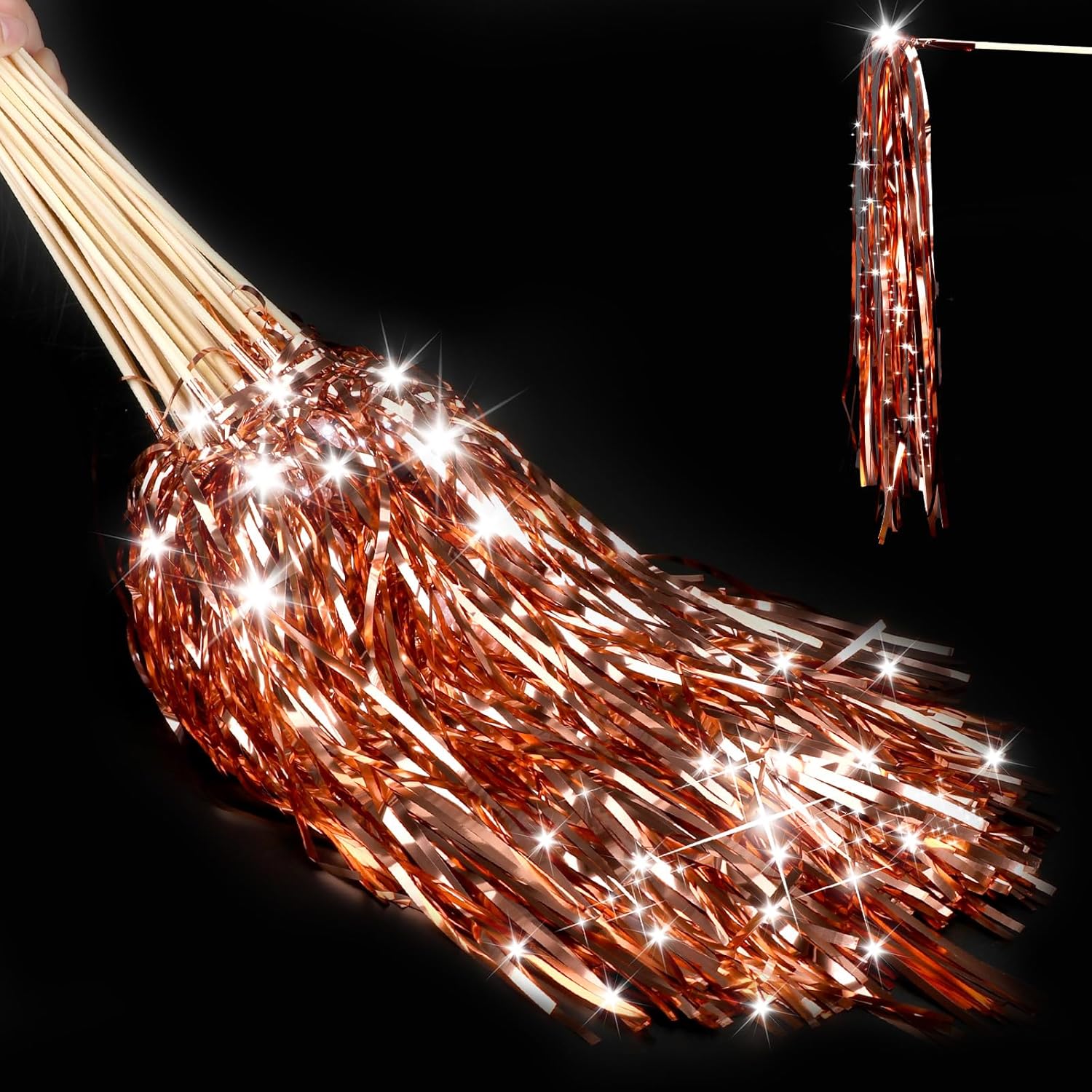 100 pcs Wedding Wands Light up with LED Tinsel Wedding Streamers for Wedding Send off and Greeting Ideal Props for Weddings, Birthday Parties, Christmas Cheerleading Games (Rose Gold)