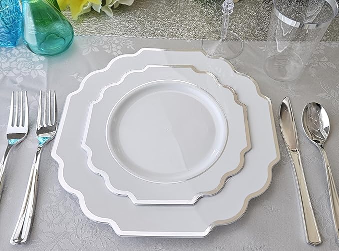 " OCCASIONS " 120 Plates Pack,(60 Guests) Heavyweight Wedding Party Disposable Plastic Plates Set -60 x 10.5'' Dinner + 60 x 8'' Salad/Dessert Plate (Imperial in White & Silver Rim)