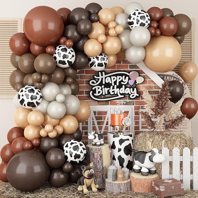 Cow Balloons Garland Arch Kit, 118pcs Brown Apricot Balloons Arch Kit 18/12/10/5 inch Brown Nude Tan White Latex Balloons for Woodland Cow Farm Theme Party Cowboy Birthday Baby Shower Decoration