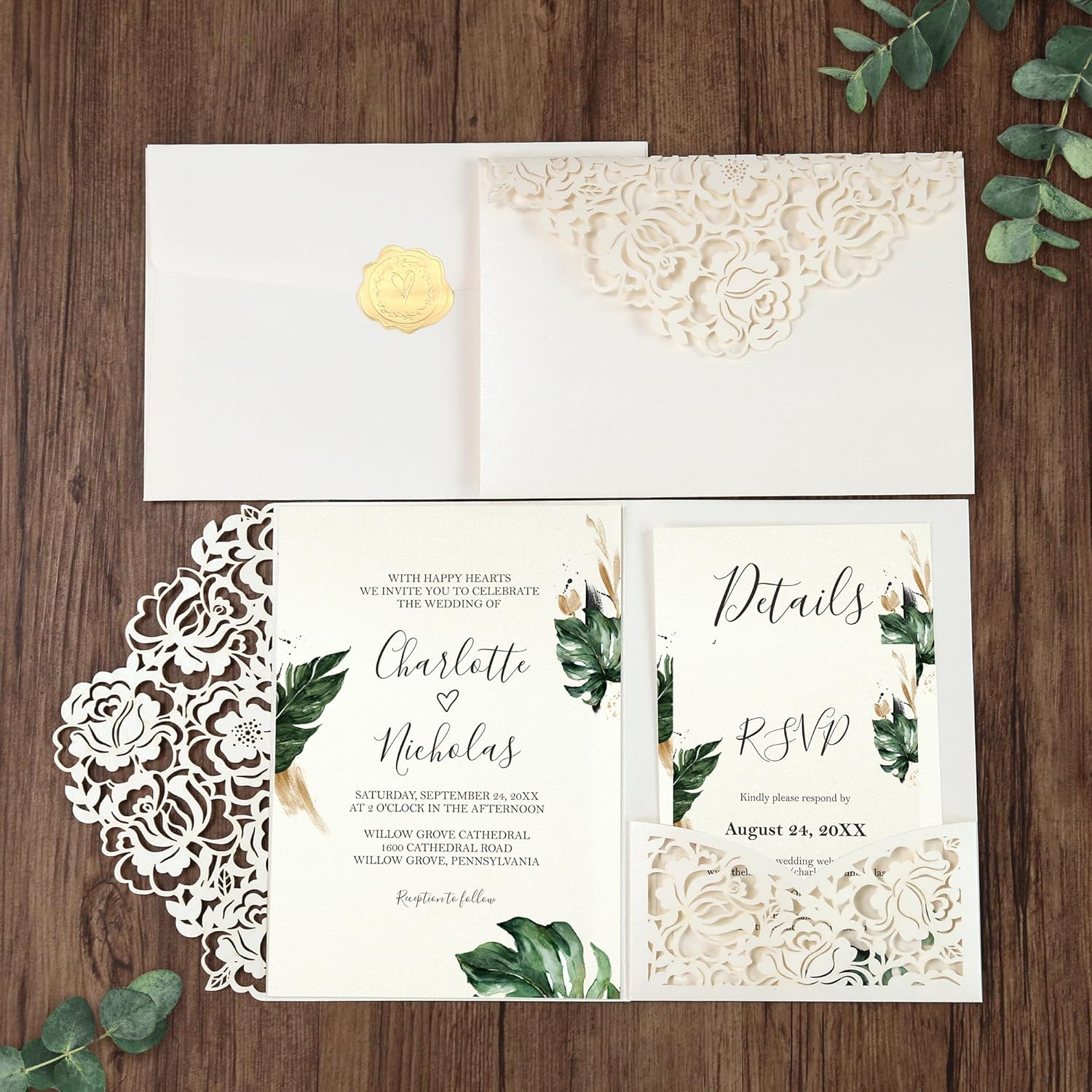 DORIS HOME 50pcs Laser Cut Wedding Invitation Pockets with Envelopes Ivory White, 5.12" x 7.12"Invitation Cards for Wedding, Anniversary (No Inserts Included)