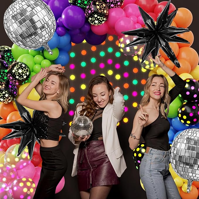Amandir Glow in the Dark Party Decorations, 80S Disco Rainbow Balloon Arch Garland Kit with Foil Star UV Neon Luminous Fluorescent Balloons 9.8ft Streamer Garland for Back to 90S Prom Birthday Decor