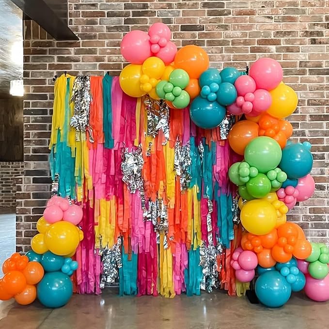 80s 90s Theme Party Decorations, Neon Rainbow Balloon Garland Arch Kit Colorful Balloons with Black Hot Pink Explosion Star Balloon Disco Ball Foil Balloons for Back to 80s 90s Hip Hop Birthday Party