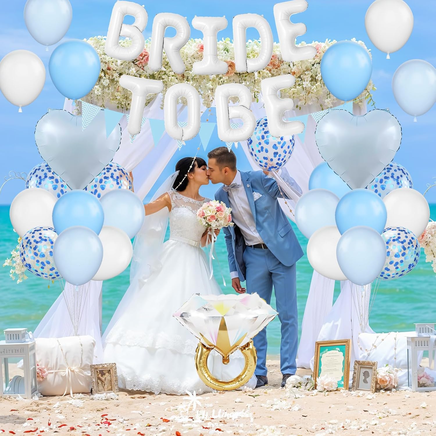 Blue White Bachelorette Party Decorations, White Bride To Be Bridal Shower Balloons Decorations, Blue Confetti Balloons with Diamond Ring Baby Blue Heart Balloon for Bachelorette Engagement Wedding