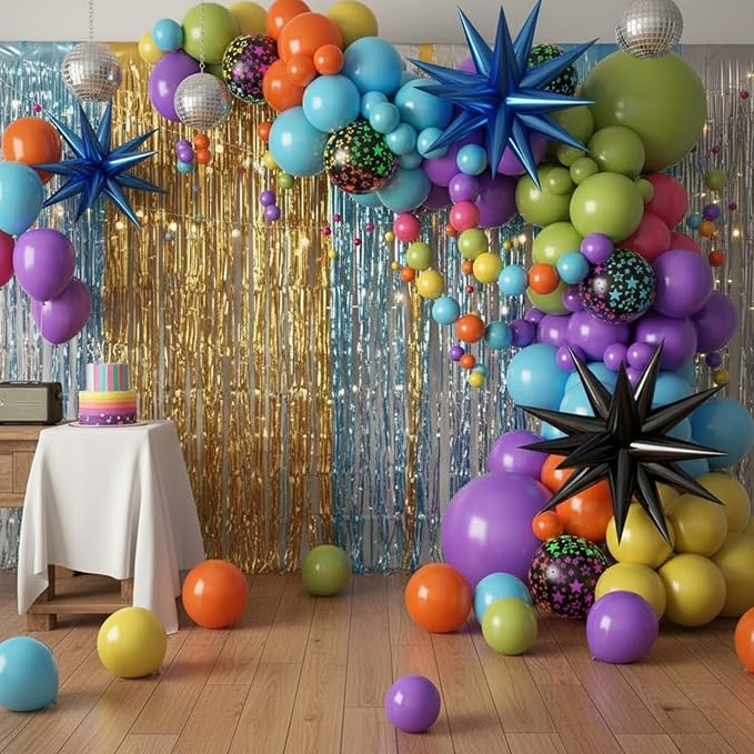 Neon Balloon Arch Kit, 122Pcs Bright Orange Green Blue Hot Pink Yellow Purple Black Rainbow Balloons with Foil Star Balloons for 80s 90s Neon Party Rainbow Birthday Decorations Disco Party Backdrop