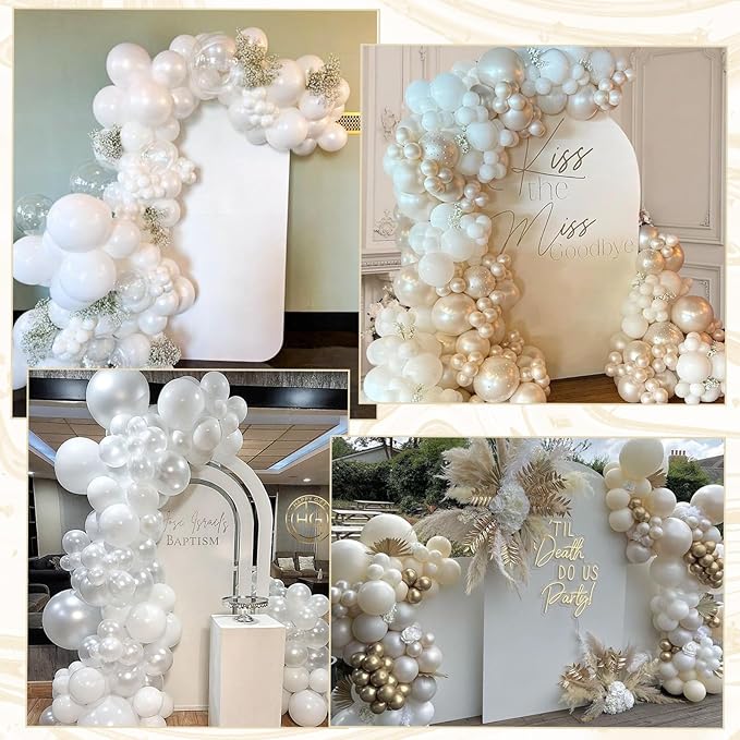 Pearl White Balloon Arch Kit, 117PCS Bow Long Balloons and Pearl Sand White Ivory Matte White Balloons Garland with 3PCS Clear Balloons for Wedding Engagement Birthday Baby Shower Party Decoration