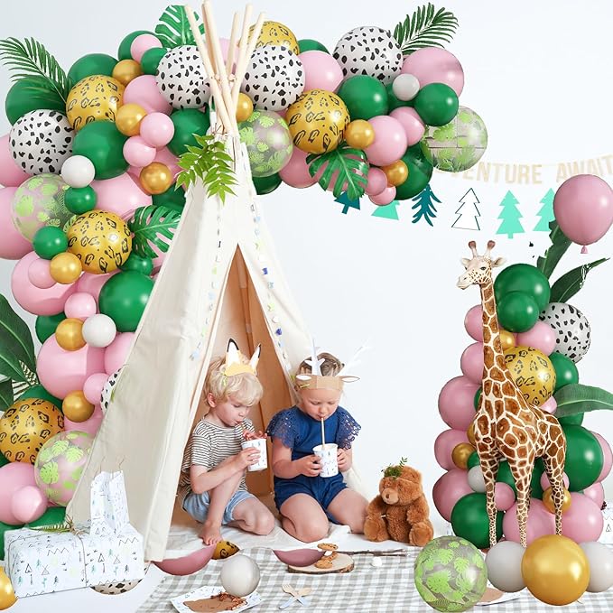 Safari Pink Balloon Garland Kit, Dark Green Pink White Cow Gold Leopard Animal Print Jungle Balloon Arch with Turtle Leaves for Girls Wild One Theme Birthday Baby Shower Party Decorations Supplies