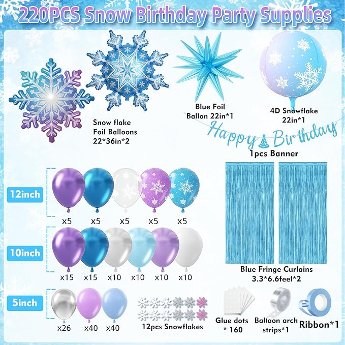 Frozen Balloon Arch Garland Kit 220pcs, Blue Purple White Balloons with Fringe Curtain Snowflake Balloons Birthday Banner for Winter Wonderland Baby Shower Snow Princess Birthday Party Decor