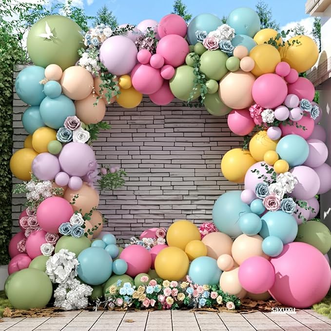 Flower Balloon Arch Kit, 122Pcs Hot Pink Pastel Blue Dusty Green Macaron Orange Lavender Purple Yellow Matte Balloons for Girls Easter Floral-themed Party Boho Baby Shower Wedding Birthday Decorations