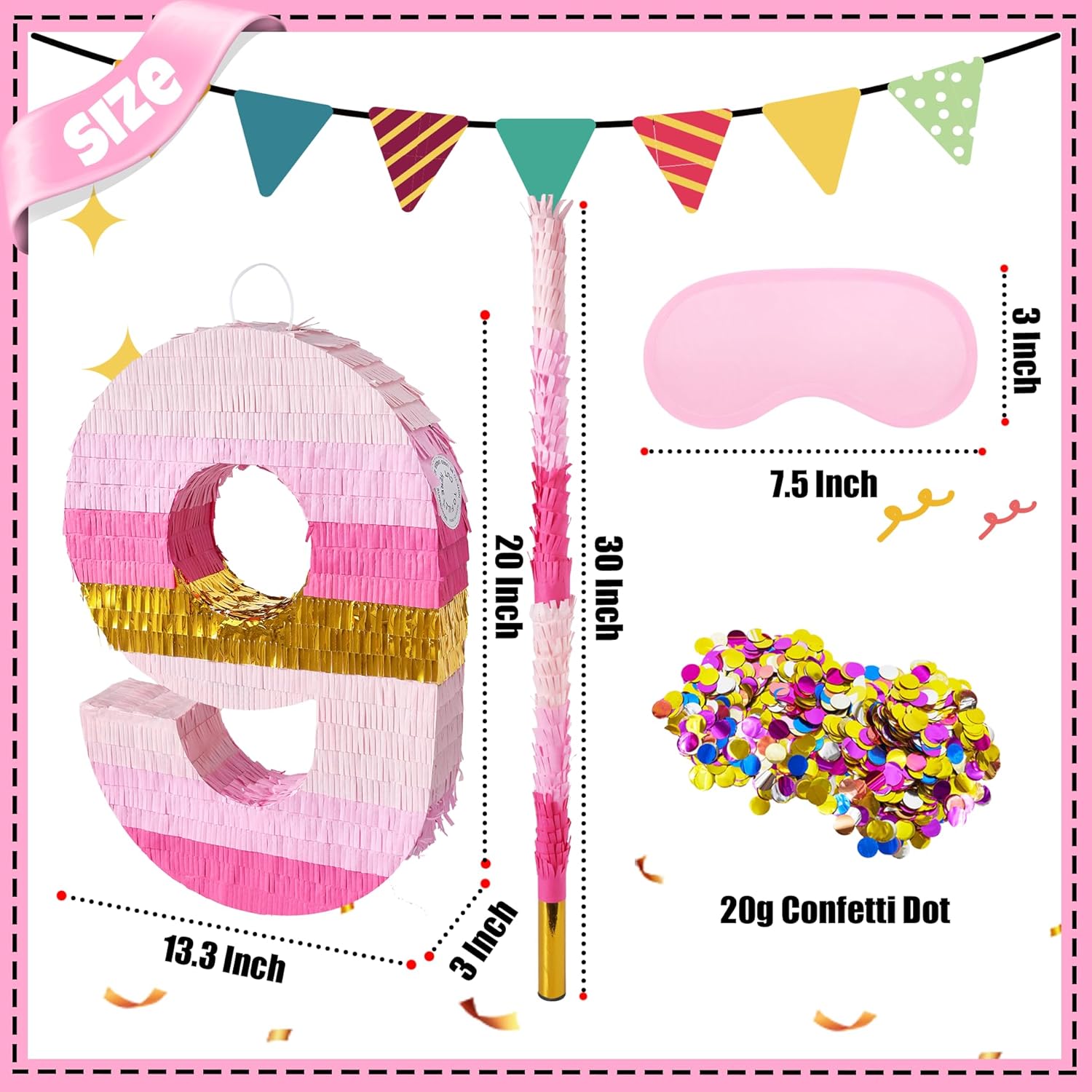 PCFING 20 Inch Number 9 Piñata Pink Gold with 30 Inch Piñata Stick Blindfold Confetti for Boys Girls Adults Birthday Party Decorations, Anniversary Celebration, Fiesta