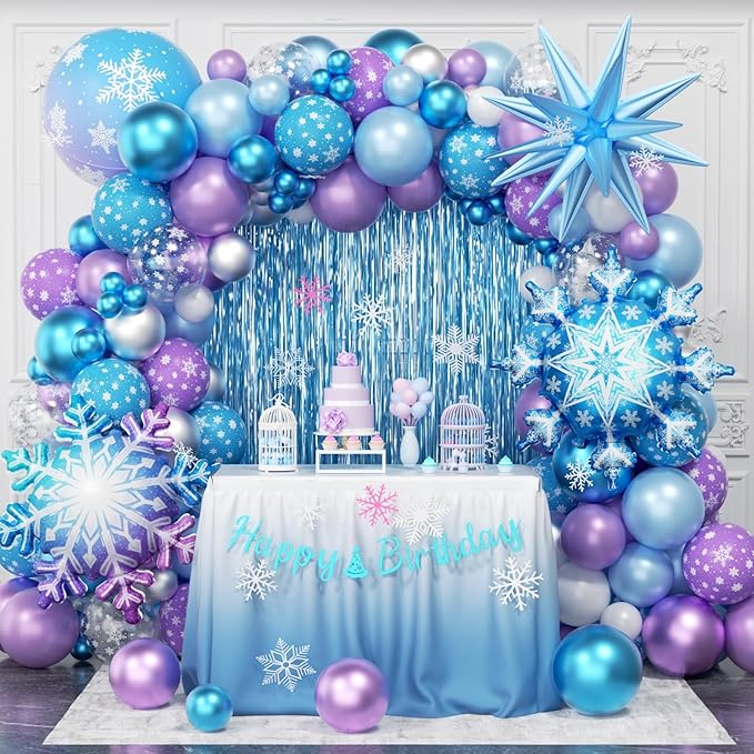 Frozen Balloon Arch Garland Kit 220pcs, Blue Purple White Balloons with Fringe Curtain Snowflake Balloons Birthday Banner for Winter Wonderland Baby Shower Snow Princess Birthday Party Decor