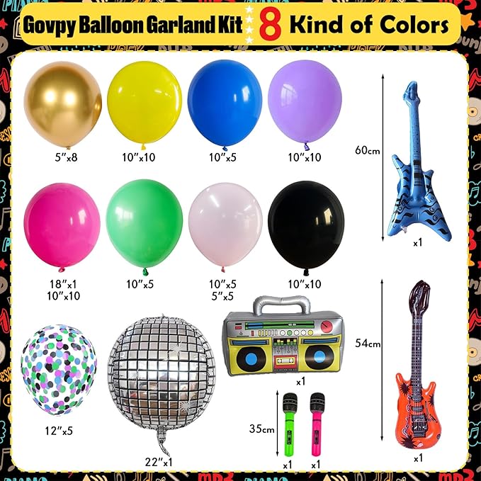 80s 90s Theme Birthday Party Decorations for Adult, Retro Neon Balloon Arch Garland Kit with Disco Ball Boombox Guitar Microphone Foil Balloons for Back to 80s 90s Hip Hop Freaknik Party Supplies