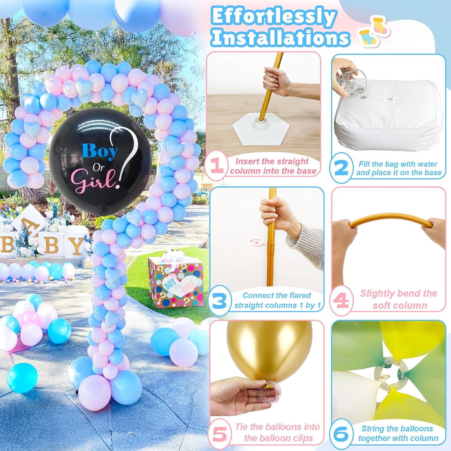 AerWo Upgraded 6FT Gender Reveal Balloon Arch Stand, DIY Question Mark Balloon Stand with Base, Adjustable Circle Heart Half-Arch Shape for Baby Shower Valentines Birthday Wedding Backdrop Decorations