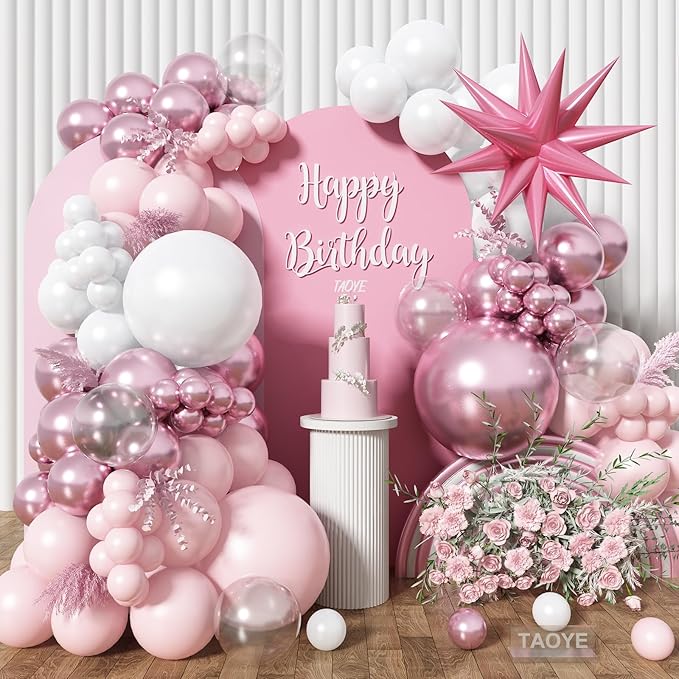 Pink and White Balloon Arch Kit, Pastel Pink Metallic Pink Pearl White Balloons Garland with Clear Balloons Explosion Star Foil Balloons for Girls Birthday Valentine's Day Princess Party Decorations
