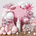 Pink and White Balloon Arch Kit, Pastel Pink Metallic Pink Pearl White Balloons Garland with Clear Balloons Explosion Star Foil Balloons for Girls Birthday Valentine's Day Princess Party Decorations