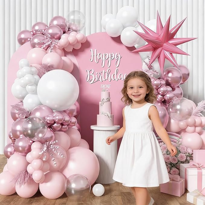 Pink and White Balloon Arch Kit, Pastel Pink Metallic Pink Pearl White Balloons Garland with Clear Balloons Explosion Star Foil Balloons for Girls Birthday Valentine's Day Princess Party Decorations