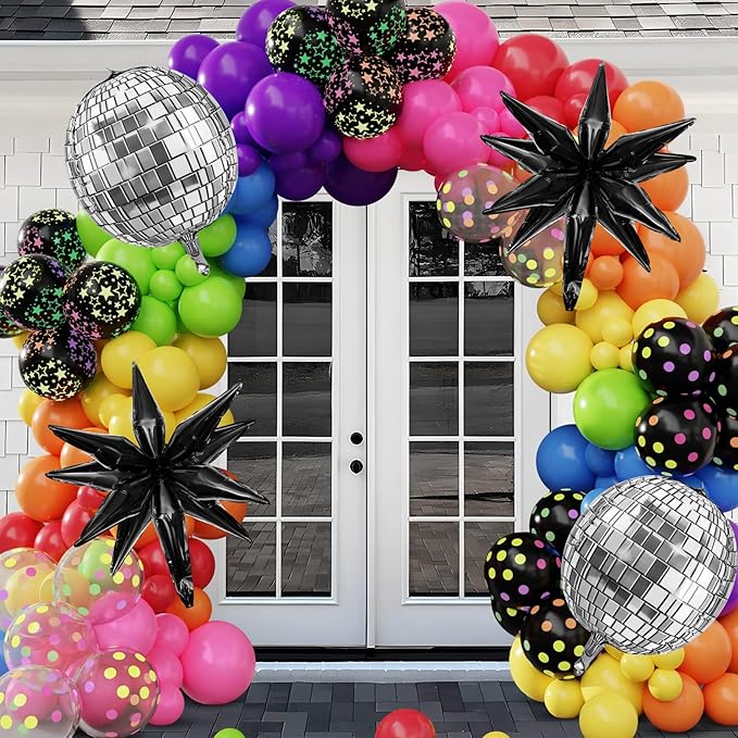 Amandir Glow in the Dark Party Decorations, 80S Disco Rainbow Balloon Arch Garland Kit with Foil Star UV Neon Luminous Fluorescent Balloons 9.8ft Streamer Garland for Back to 90S Prom Birthday Decor