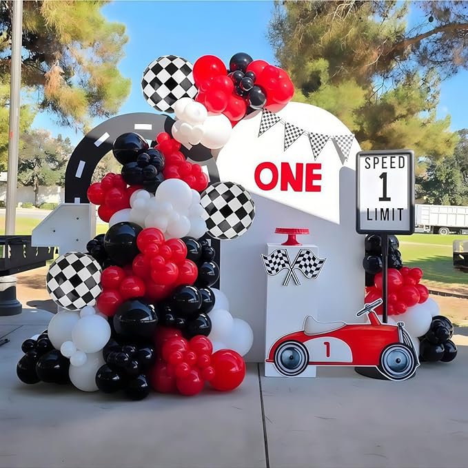 Racing Car Balloons Arch Garland Kit, Red and Black White Checkered Foil Balloons Garland Kit, Wheels Balloon for Boys Birthday Baby Shower Race Car Theme Party Decorations Supplies