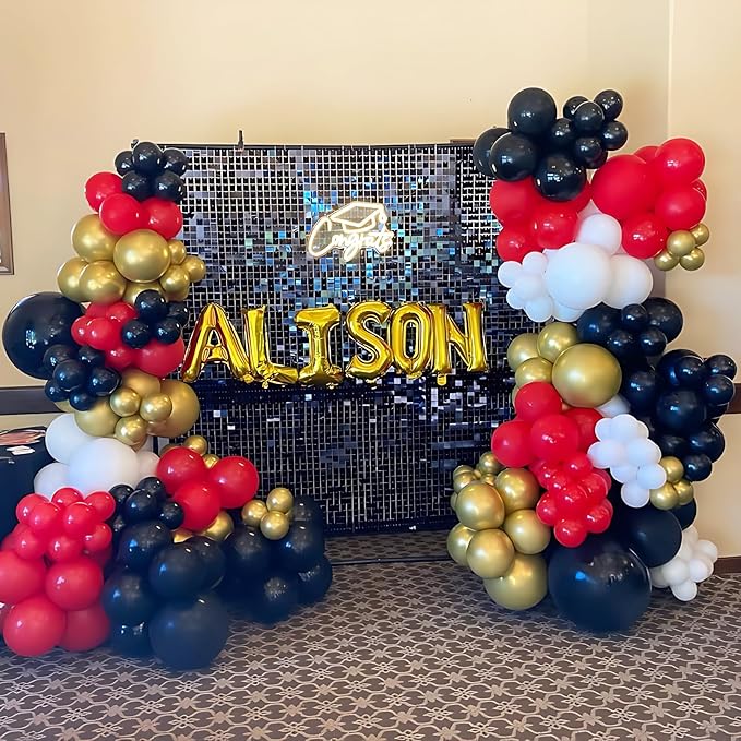 DBKL Red Black Gold Balloons Garland Arch Kit with Red Black and Gold Confetti Explosion Star Balloons for Graduation Birthday Casino Night Hollywood New Years Party Decorations