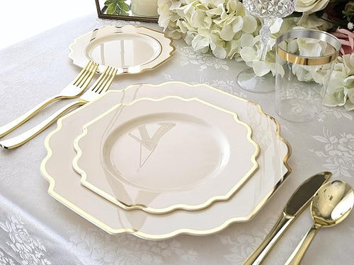 " OCCASIONS " 240 Plates Pack (120 Guests) Heavyweight Wedding Party Disposable Plastic Plates Set -120 x 10.5'' Dinner + 120 x 8'' Salad/Dessert Plate (Imperial Ivory & Gold)