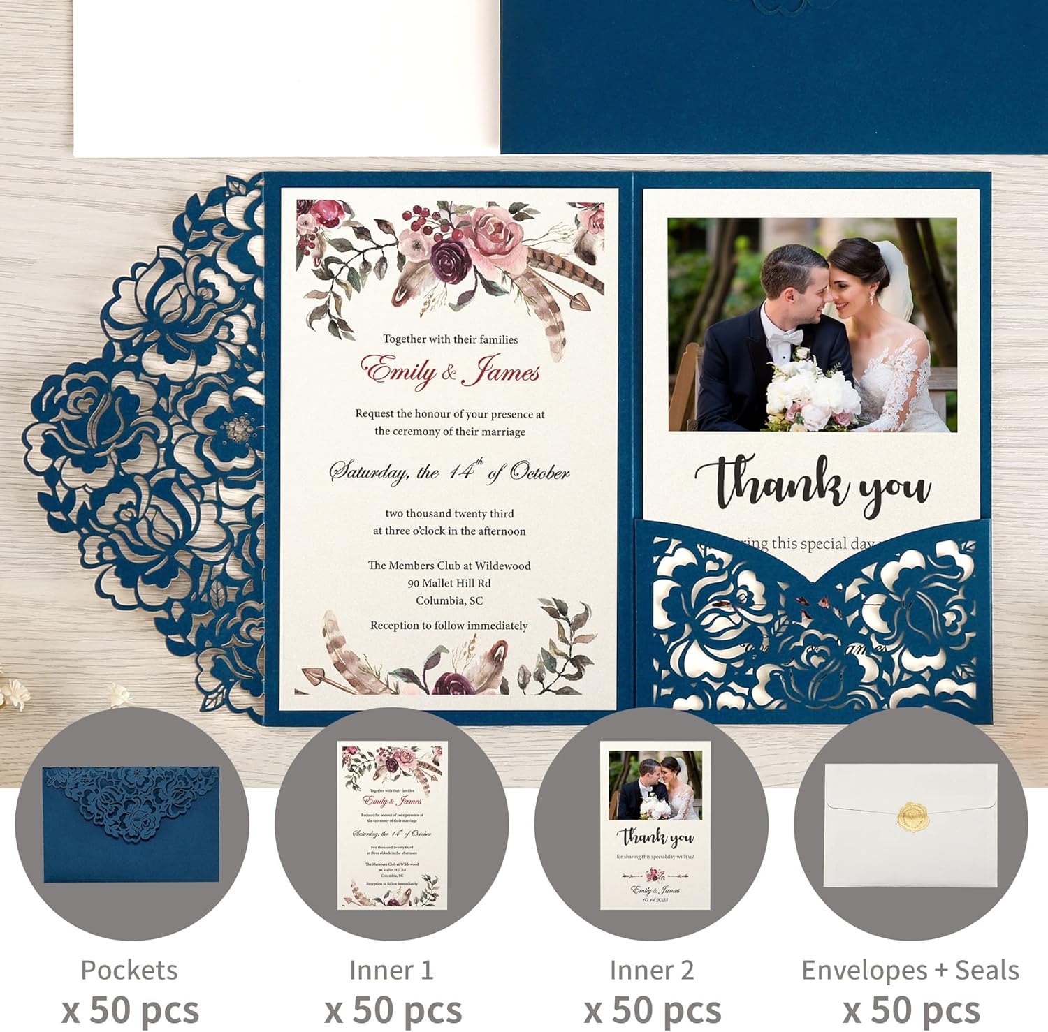 DORIS HOME 50pcs Laser Cut Wedding Invitations with Envelopes Blue, 4.7x7.1 Personalized Invitation Cards for Wedding, Anniversary Invitations with Envelopes