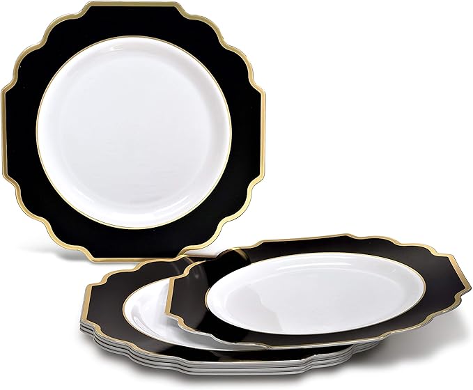 " OCCASIONS " 240 Plates Pack,(120 Guests) Heavyweight Wedding Party Disposable Plastic Plates Set -120 x 10.5'' Dinner + 120 x 8'' Salad / Dessert (Imperial in Black & Gold)