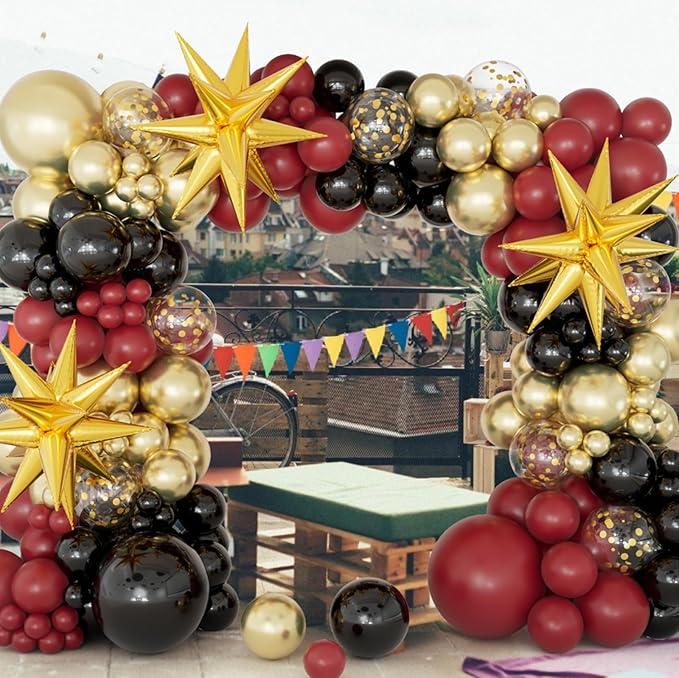 DBKL Burgundy Balloon Arch Garland Kit with Burgundy Black Metallic Gold Confetti Balloons for Class of 2025 Birthday Graduation Party Decorations