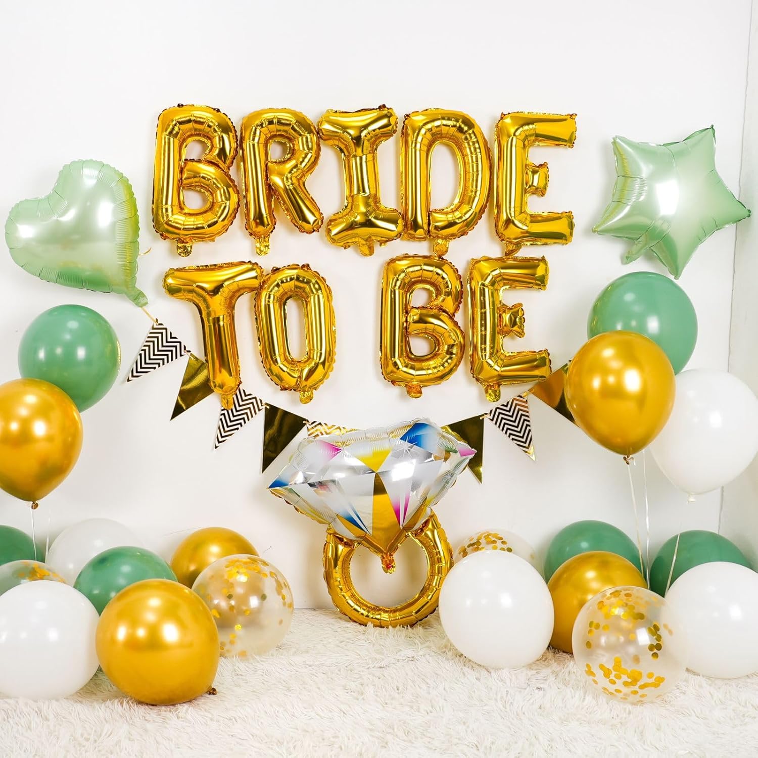 Bridal Shower Decorations Sage Green,Bachelorette Party Decor with Bride To Be Letter Balloons Banner, Diamond Ring Heart Foil Balloon,Green Gold Confetti Balloons for Engagement Wedding Party favors