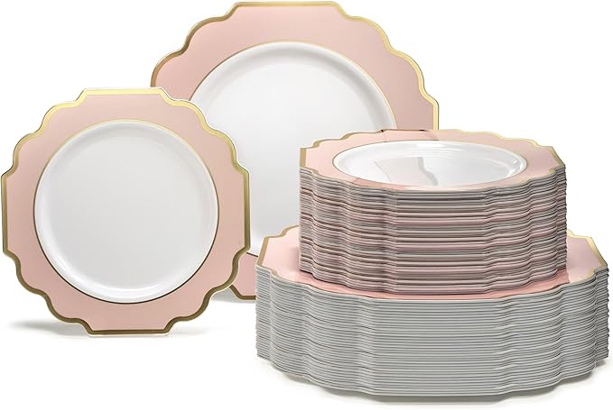 " OCCASIONS " 120 Plates Pack,(60 Guests) Heavyweight Premium Wedding Party Disposable Plastic Plates Set -60 x 10.5'' Dinner + 60 x 8'' Salad/Dessert(Imperial in Blush & Gold)