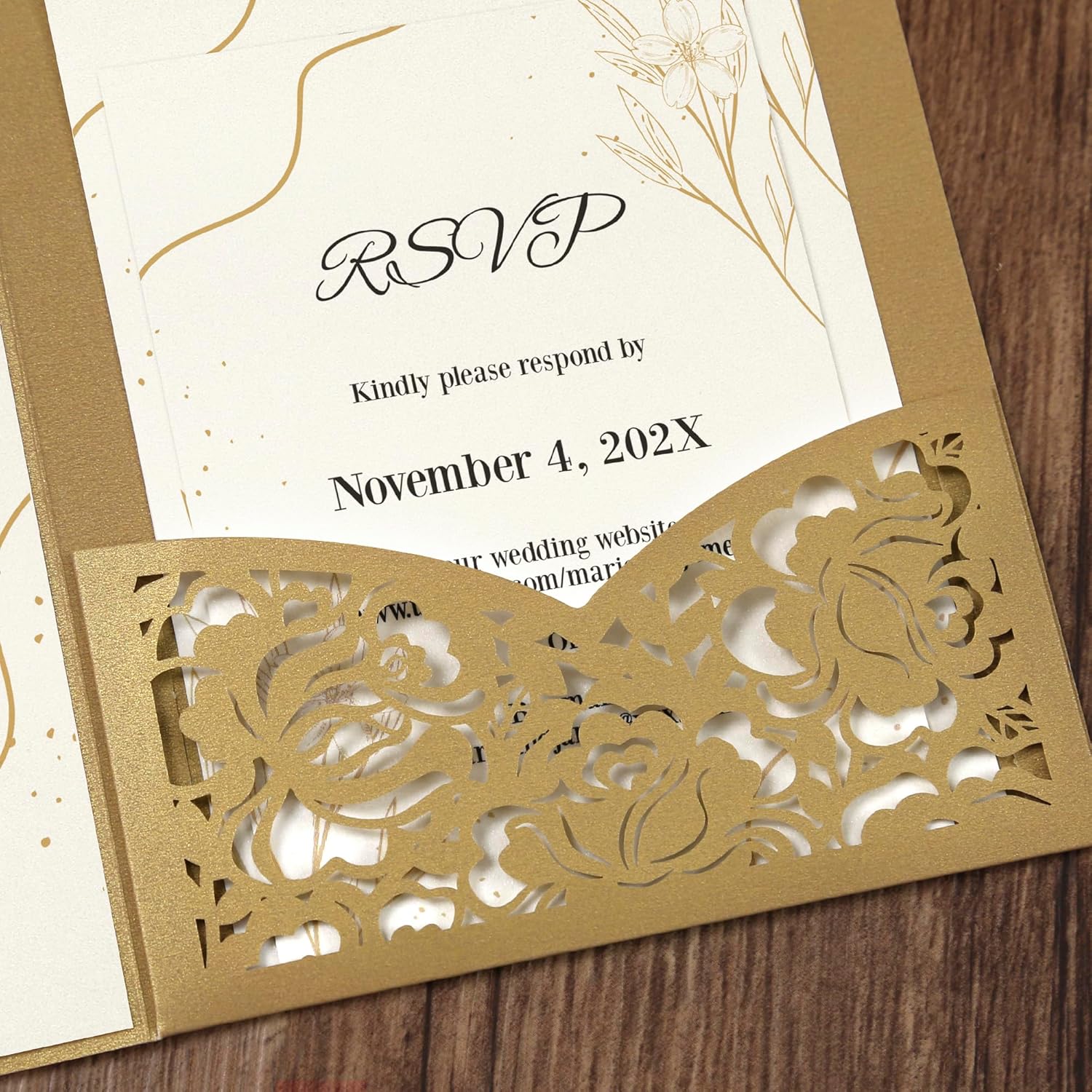 DORIS HOME 50pcs Laser Cut Wedding Invitation Pockets with Envelopes Gold, 5.12" x 7.12"Invitation Cards for Wedding, Anniversary (No Inserts Included)