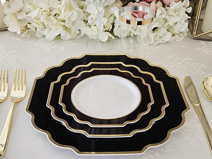 " OCCASIONS " 240 Plates Pack,(120 Guests) Heavyweight Wedding Party Disposable Plastic Plates Set -120 x 10.5'' Dinner + 120 x 8'' Salad / Dessert (Imperial in Black & Gold)