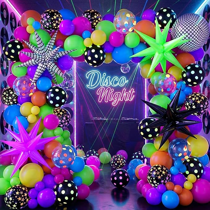 Neon Balloons Arch Garland Kit with Yellow Hot Pink Lime Green Orange Blue Neon Balloons for Back to 80s 90s Disco Birthday Party Decorations, Let's Glow Party, Rock Roll Party Supplies