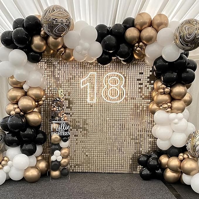 Black and Gold Balloon Arch Garland Kit-2025 New Years Balloons NYE Party White Metallic Marble Foil Balloons for Birthday Graduation Wedding Baby&Bridal Shower Retirement Bachelorette Anniversary
