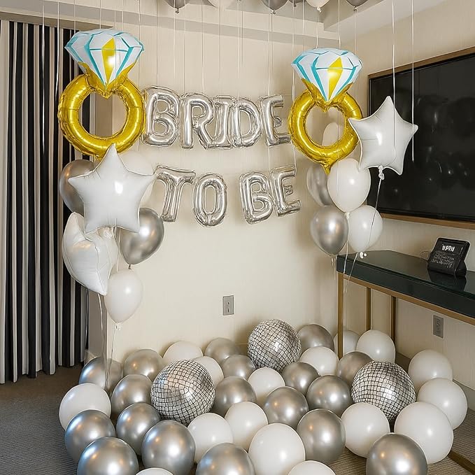 Silver Bachelorette Party Decorations, Bride To Be Bridal Shower Letter Balloons Banner with Engagement Diamond Ring Mylar Foil Balloon for Wedding Photo Booth Hen Night Room Party Decor