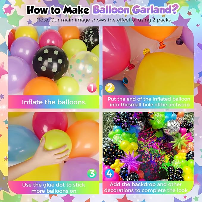 200Pcs Neon Balloons Arch Garland Kit with Glow in the Dark Balloons, Neon Balloons Arch Kit for Back to 80s 90s DISCO Birthday Party Decorations, Let's Glow Party, Rock Roll Party Supplies