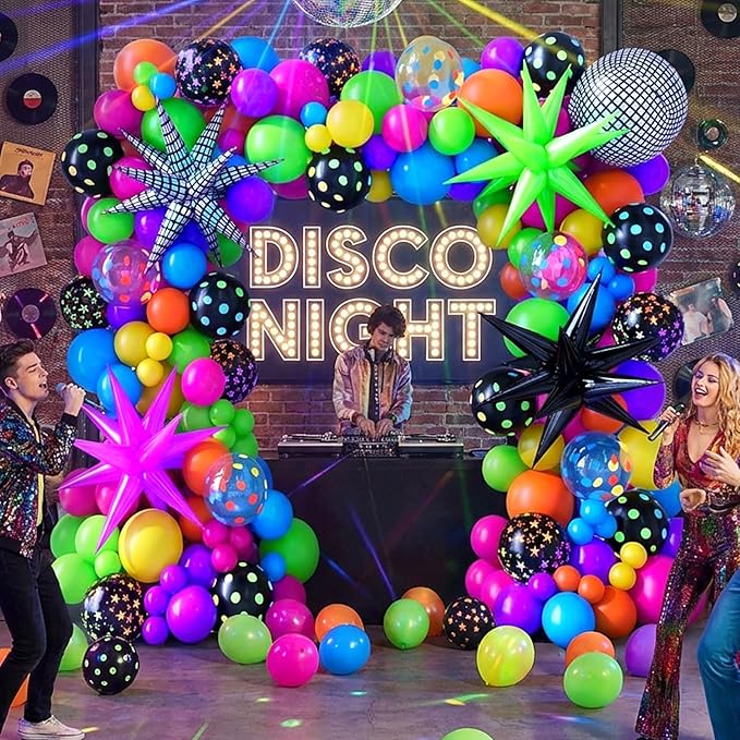 Neon Balloons Arch Garland Kit with Yellow Hot Pink Lime Green Orange Blue Neon Balloons for Back to 80s 90s Disco Birthday Party Decorations, Let's Glow Party, Rock Roll Party Supplies