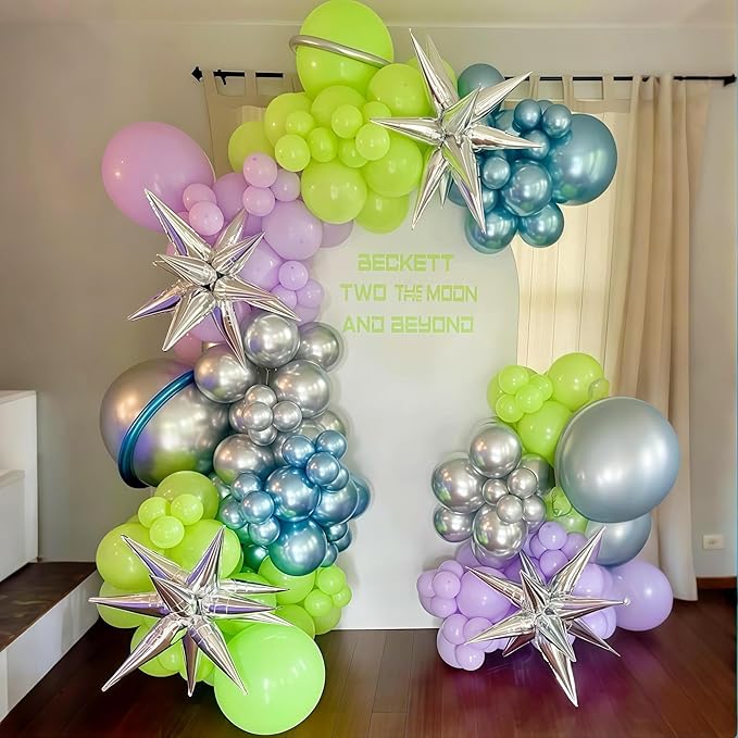 117PCS Purple Green Balloon Garland Kit, Space Birthday Decorations Lime Green Purple Metallic Blue Silver Balloons with Star Balloon Arch for Kids Boys Monster Toy Theme Baby Showr Party Decor