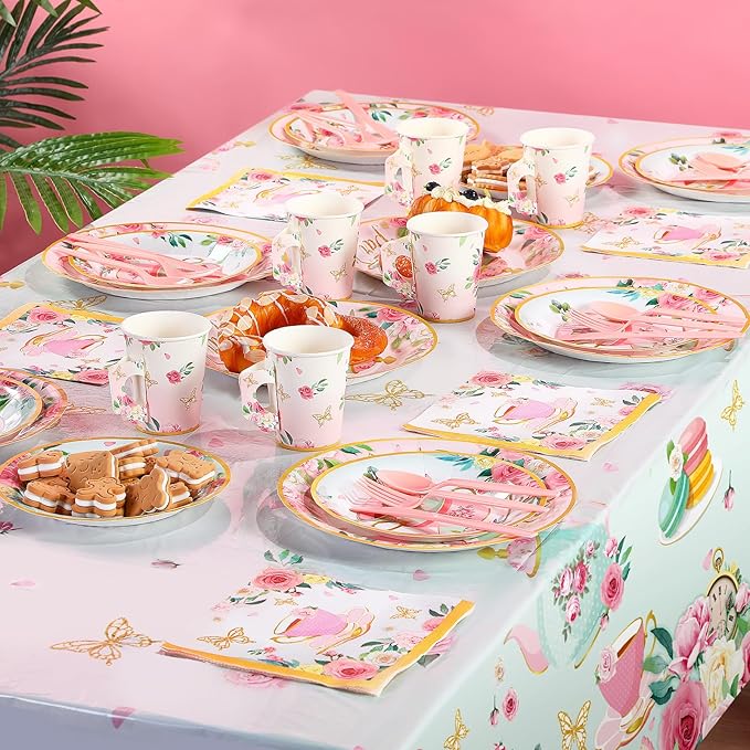 Havawish 165 Pcs Floral Tea Party Decorations Birthday Supplies Girls Women Tea Party Backdrop Tablecloth Balloon Birthday Paper Plate Napkin Tableware Set Disposable for Lets Partea Baby Shower