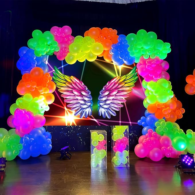 154 Neon Party Decorations Glow in the Dark Birthday Supplies Wings Backdrop Rainbow Balloon Garland Arch Kit Light Luminous Fluorescent Kids Teens Adult 80s 90s Disco Party Decor