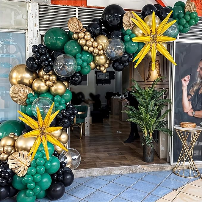 Dark Green and Black Balloon Arch Kit with Explosion Star Balloons, 123pcs Emerald Green and Confetti Gold Balloon Garland for Birthday Anniversary Bachelorette Grad Wedding New Year Party Decoration