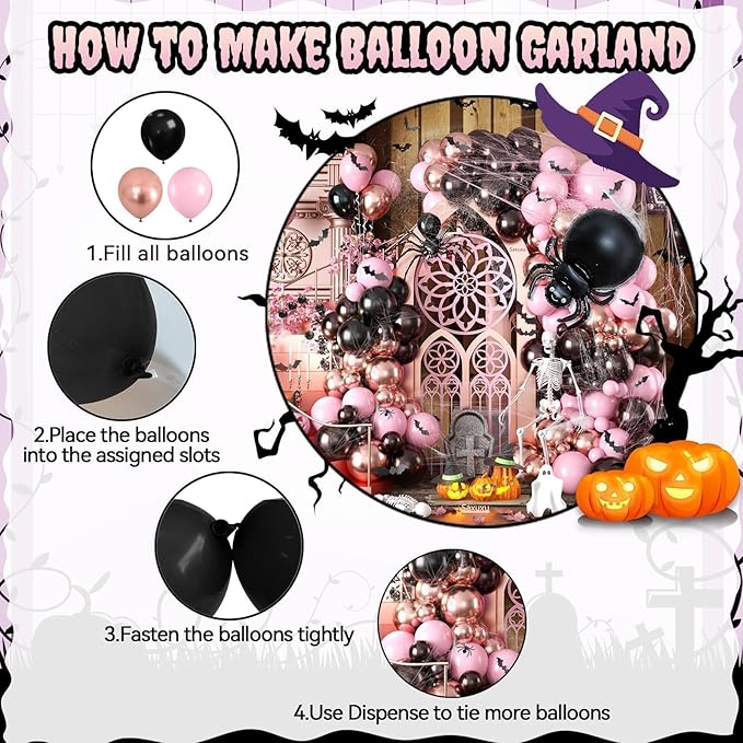 Halloween Balloon Arch Garland Kit, Black Pink Rose Gold Spider Foil Balloons with 3D Bat Stickers and Spider Webs for Girls Halloween Party Spooky Birthday Day Party Decorations