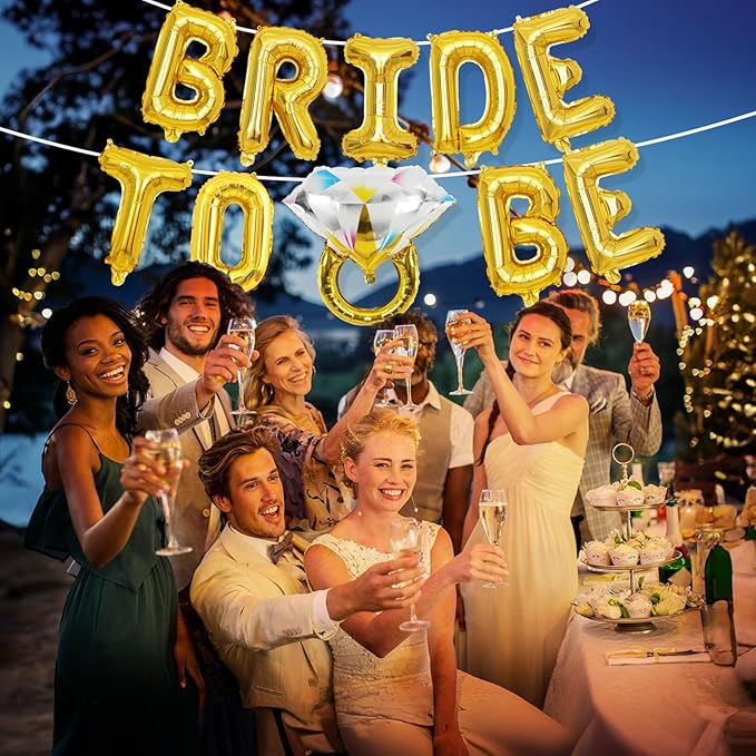Bachelorette Party Decorations, Gold Bride To Be Bridal Shower Letter Balloons Banner with Engagement Diamond Ring Mylar Foil Balloon for Wedding Photo Booth Hen Night Room Party Decor