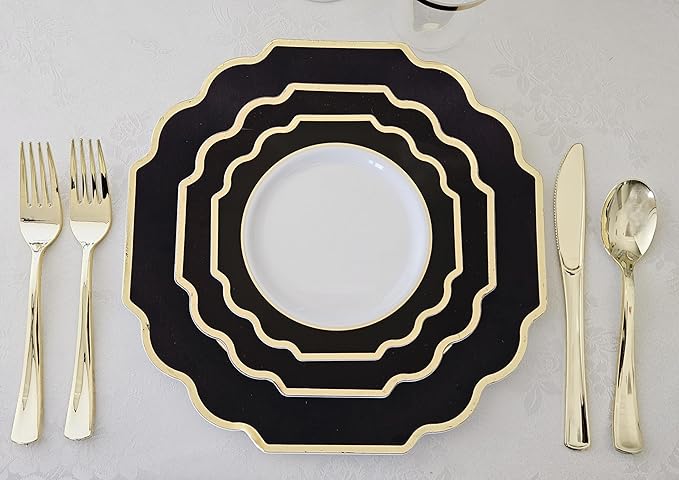 " OCCASIONS " 50 Plates Pack (25 Guests)-Heavyweight Wedding Party Disposable Plastic Plate Set -(25x10.5'' Dinner + 25x8'' Salad/dessert (Imperial in Black & Gold)