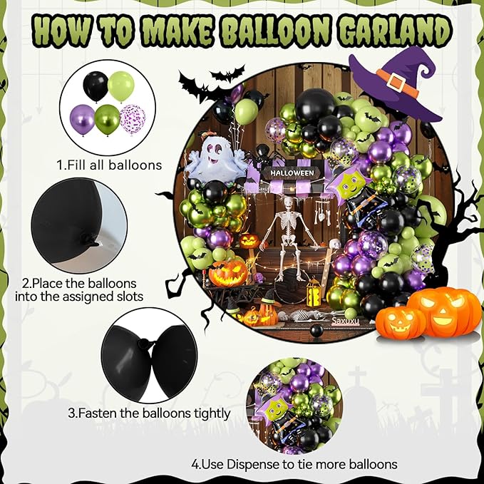 Halloween Balloon Arch Garland Kit, Black Green Purple Metallic Confetti Ghost Witch Foil Balloons with 3D Bat Stickers for Halloween Baby Shower Party Decorations Cosplay Theme Party