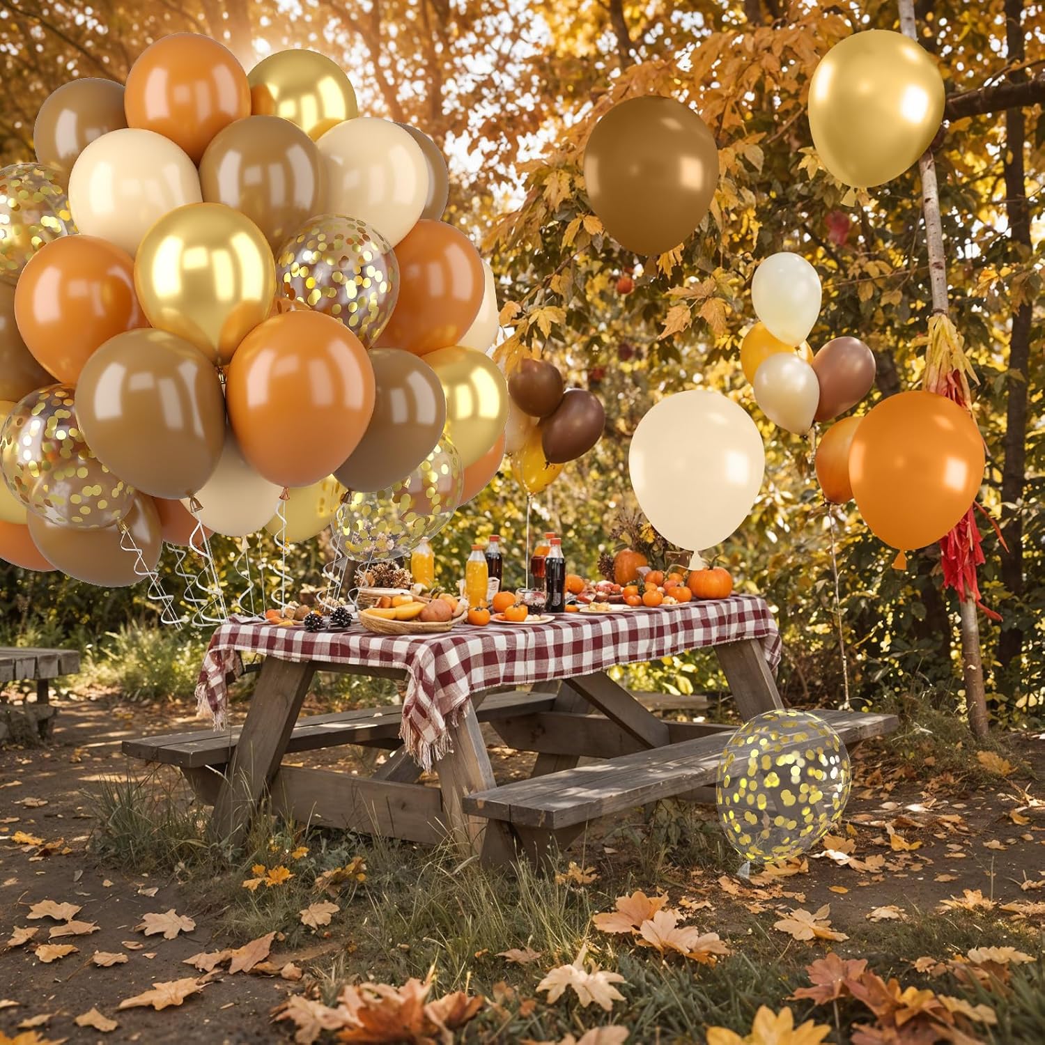 Fall Balloons, 52 PCS Brown Burnt Orange Autumn Balloons with Pumpkin & Maple Leaf Printed Balloon, Brown Sand White Balloon for Thanksgiving Gradution Pumpkin Baby Shower Fall Party Decorations