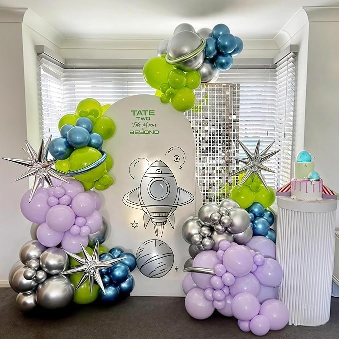 117PCS Purple Green Balloon Garland Kit, Space Birthday Decorations Lime Green Purple Metallic Blue Silver Balloons with Star Balloon Arch for Kids Boys Monster Toy Theme Baby Showr Party Decor